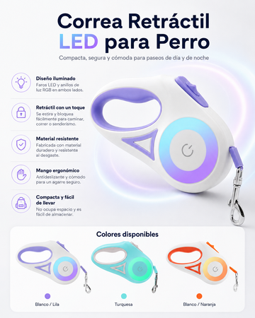 Correa retráctil con luz LED, mango antideslizante y freno con una mano. Cinta de nailon resistente
