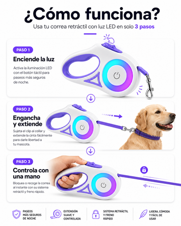 Correa retráctil con luz LED, mango antideslizante y freno con una mano. Cinta de nailon resistente
