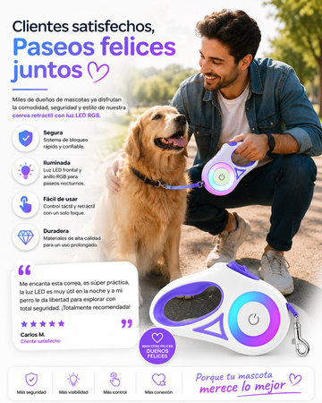 Correa retráctil con luz LED, mango antideslizante y freno con una mano. Cinta de nailon resistente