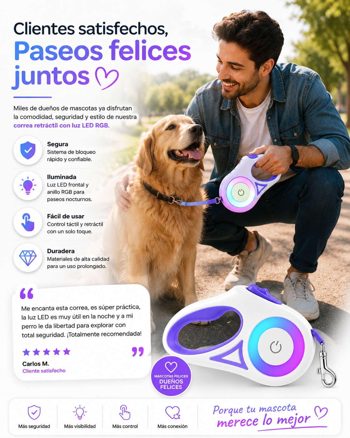 Correa retráctil con luz LED, mango antideslizante y freno con una mano. Cinta de nailon resistente