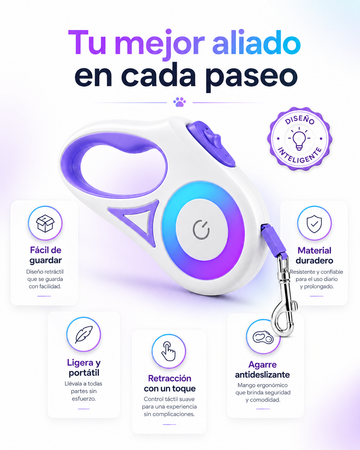 Correa retráctil con luz LED, mango antideslizante y freno con una mano. Cinta de nailon resistente